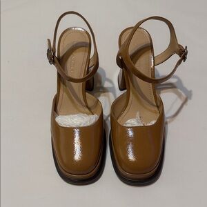 COACH Tan Patent Leather Square-Toe Slingback Heels